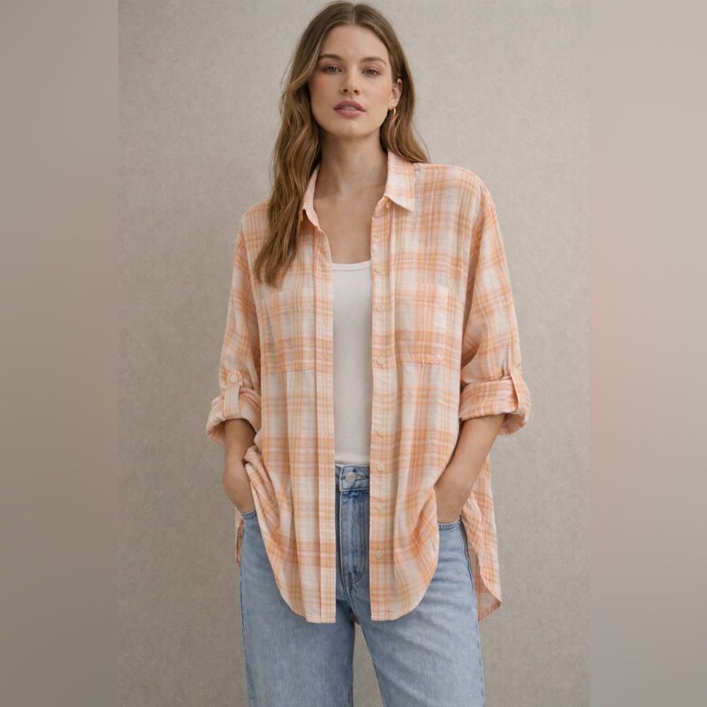 American Eagle Oversized Plaid Button Down Shirt XS Peach Boho